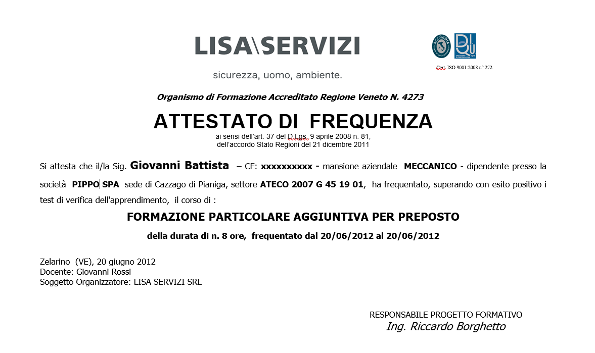 Attestati formazione sicurezza