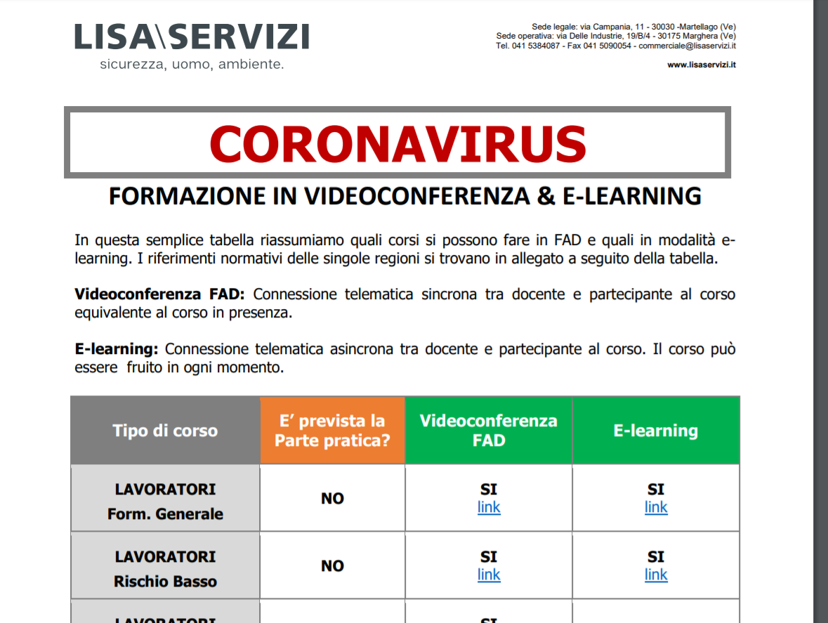  tabella formazione sicurezza in videoconferenza ed e-learning