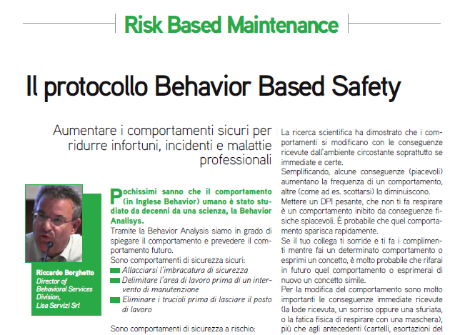 Articolo sulla Behavior Based Safety sulla rivista Manutenzione tecnica e Management