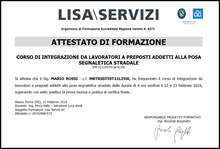 Corso di integrazione da lavoratori a preposti addetti alla posa della segnaletica stradale