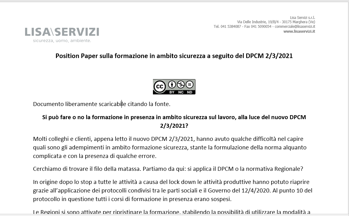 position paper Lisa Servizi su formazione sicurezza in presenza