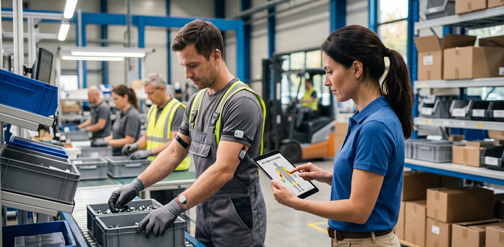 Analisi ergonomica in un magazzino logistico con specialista che utilizza un tablet per monitorare i movimenti ripetitivi di un lavoratore, in riferimento alla nuova norma ISO 11228-3.